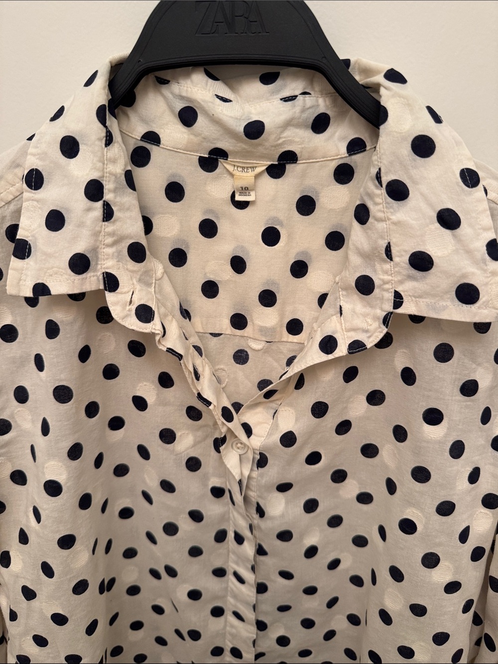 J. Crew Cream Shirt with Navy Polka Dots